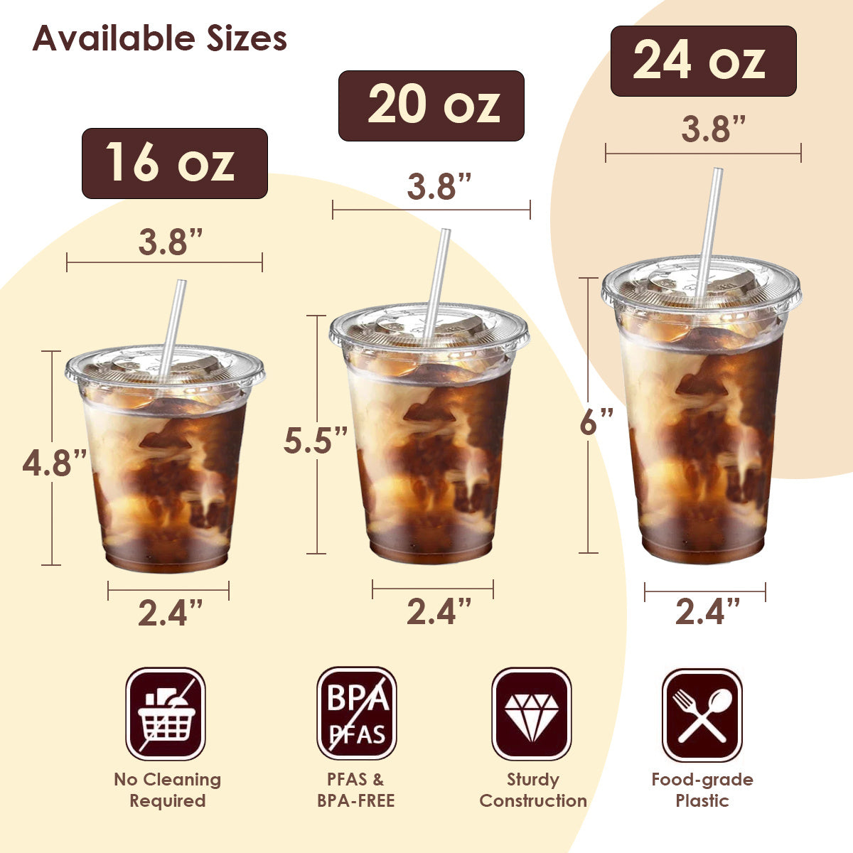 100pcs Clear Plastic Cups, 16/20/24/32oz Disposable Iced Coffee Cups with Flat Lids, Smoothie Cups, PET Crystal Party Cups, Cold Beverages Drinking Cups, Water Drinking Cups for Thanksgiving, Halloween, Christmas