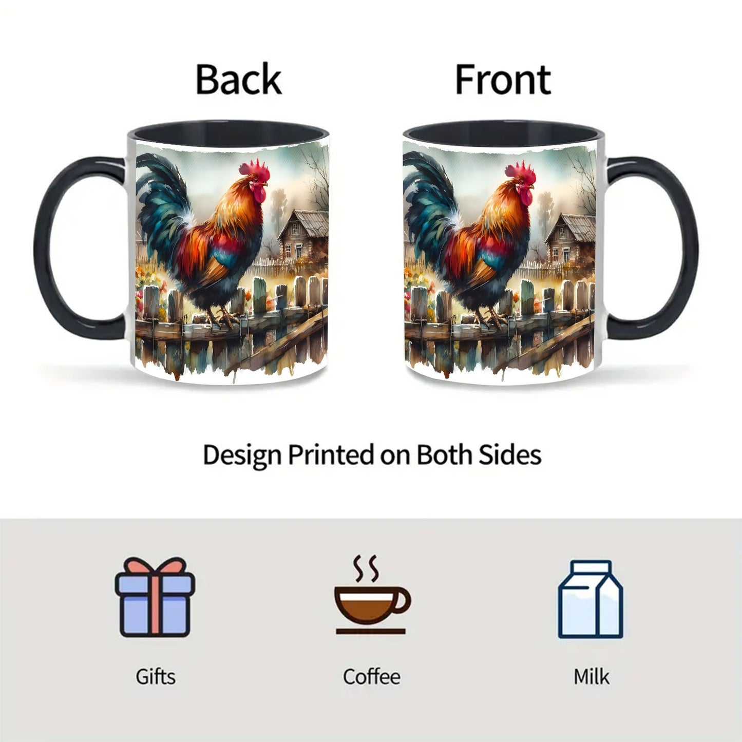 1pc Charming Rooster-Themed 11oz Porcelain Mug - Perfect for Coffee, Tea, Beer & Milk - Ideal Gift for Birthdays, Holidays, Halloween & Christmas